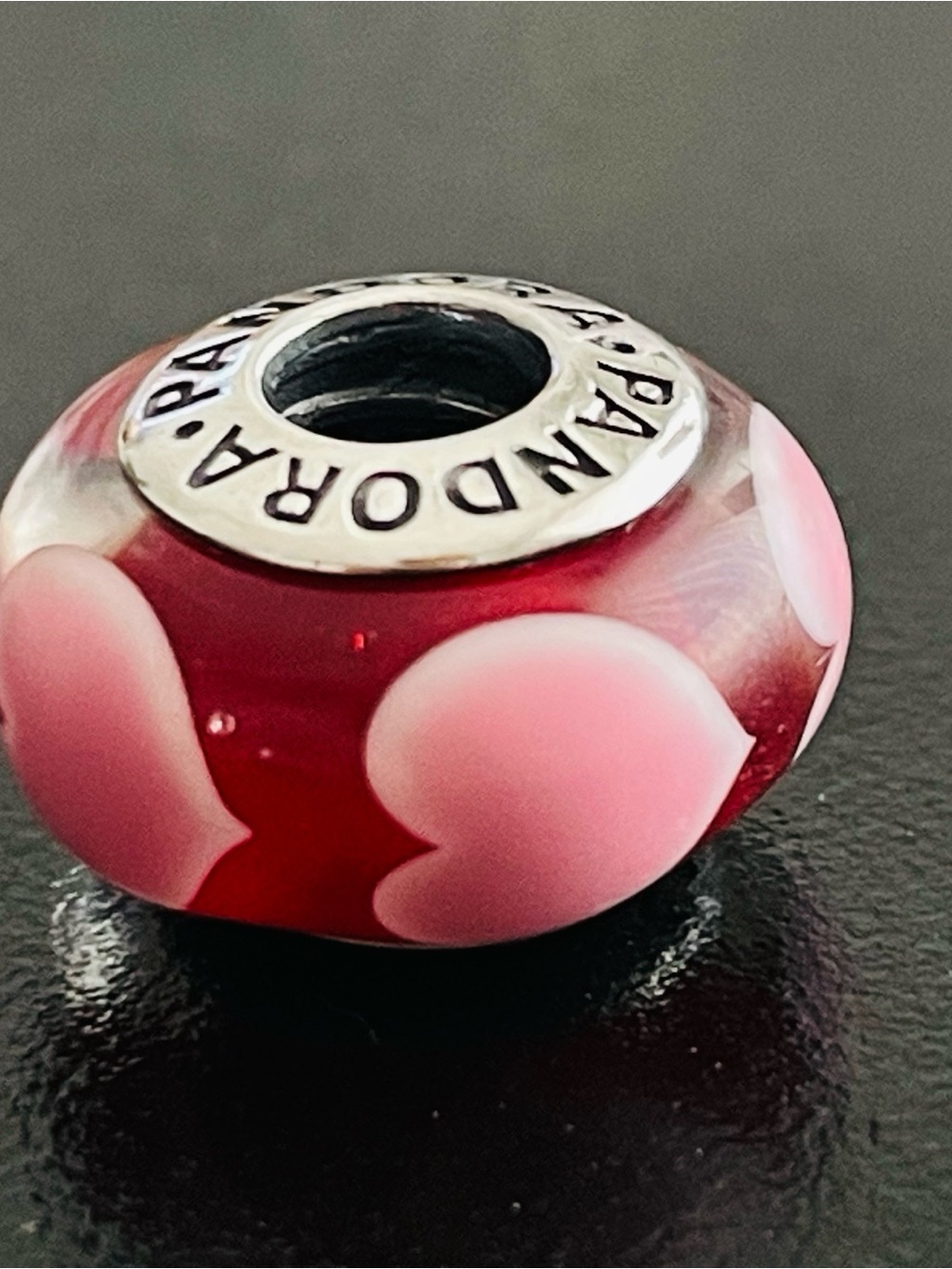 Pandora Red Glass Charm with Pink Heart Motifs